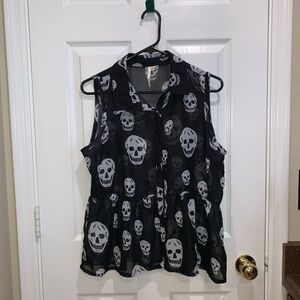 Black Sheer Skull Print Sleeveless Blouse